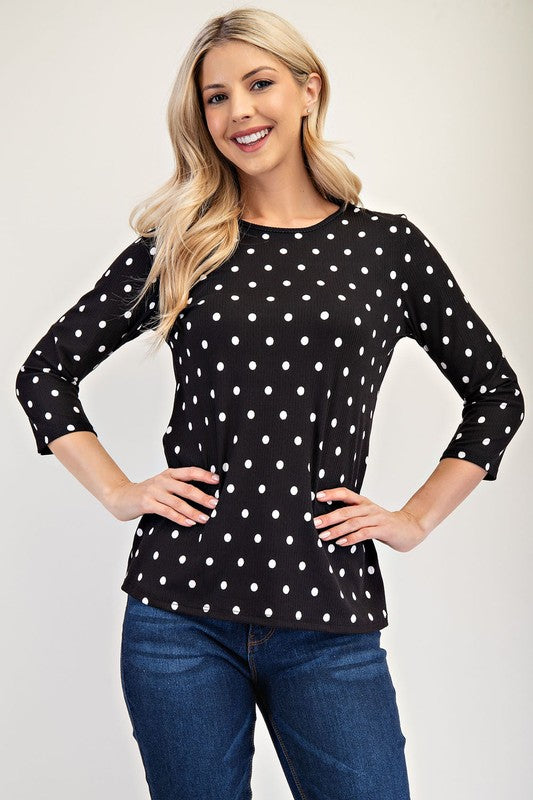 Celeste Full Size Polka Dot Round Neck Three-Quarter Sleeve T-Shirt-TOPS / DRESSES-[Adult]-[Female]-Black-S-2022 Online Blue Zone Planet