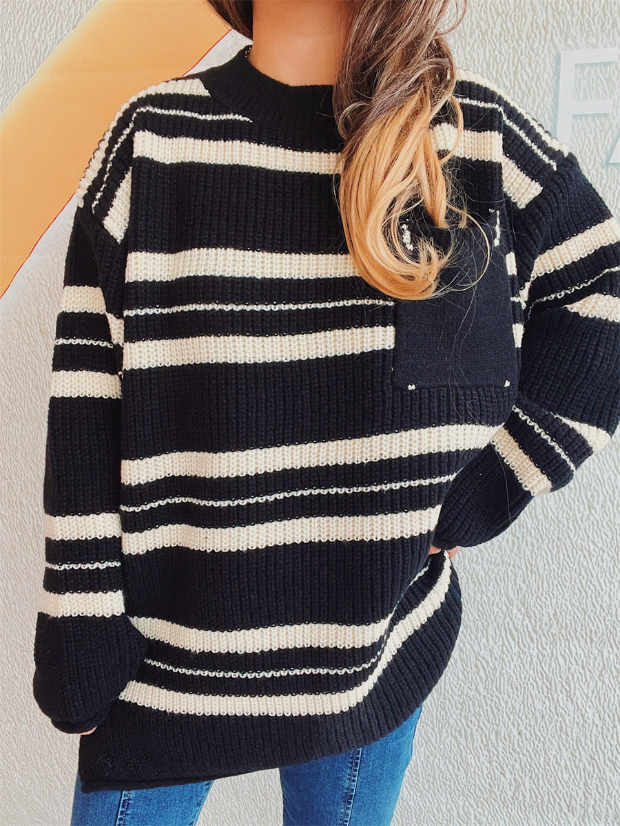 Blue Zone Planet | Striped Round Neck Long Sleeve Sweater-TOPS / DRESSES-[Adult]-[Female]-Black-One Size-2022 Online Blue Zone Planet