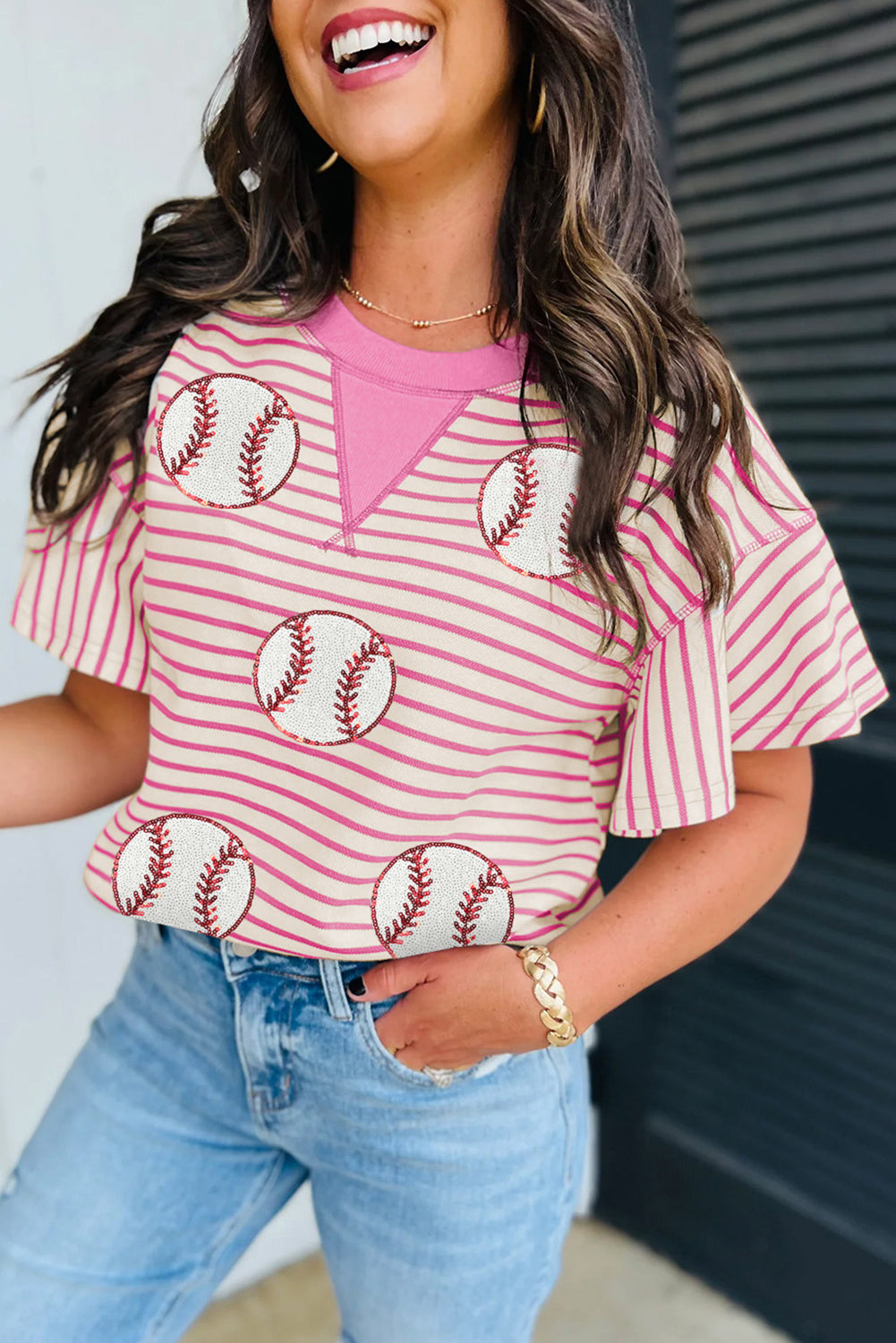 Sachet Pink Sequin Baseball Pattern Striped Ruffle Sleeve Round Neck Knit Top-Graphic/Graphic Tees-[Adult]-[Female]-2022 Online Blue Zone Planet