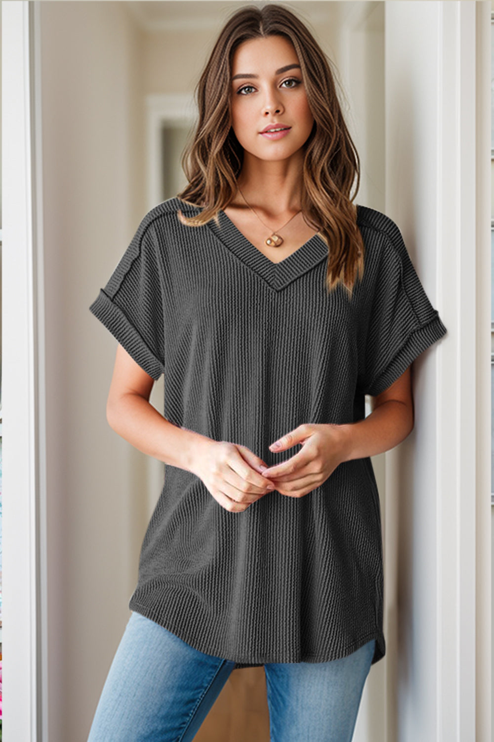 Textured V-Neck Short Sleeve Top-TOPS / DRESSES-[Adult]-[Female]-2022 Online Blue Zone Planet