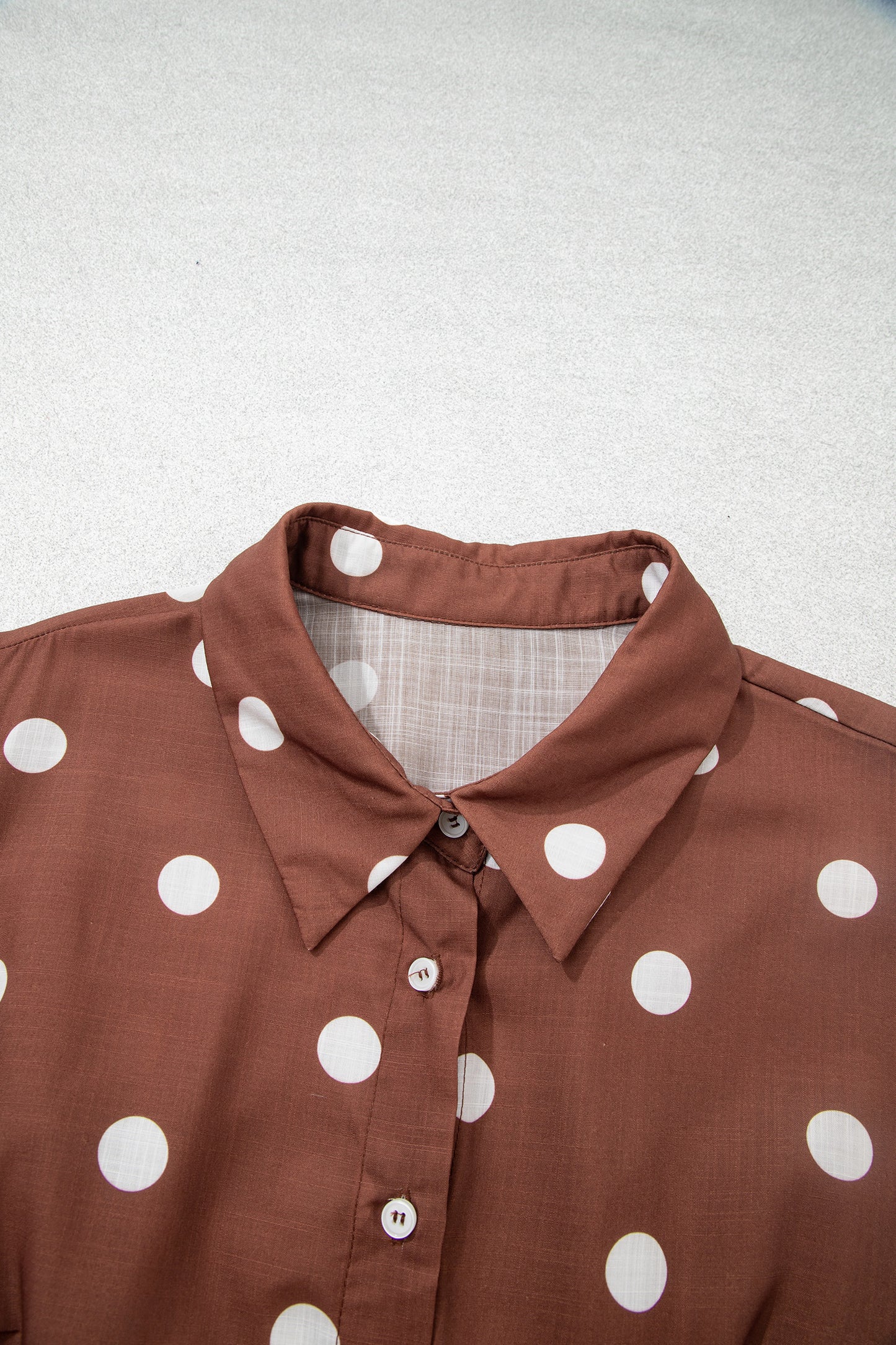 Brown Polka Dot V Neck Abdomen Pocket Gathered Cuffs Long Sleeve Shift Plus Size Dress-TOPS / DRESSES-[Adult]-[Female]-2022 Online Blue Zone Planet