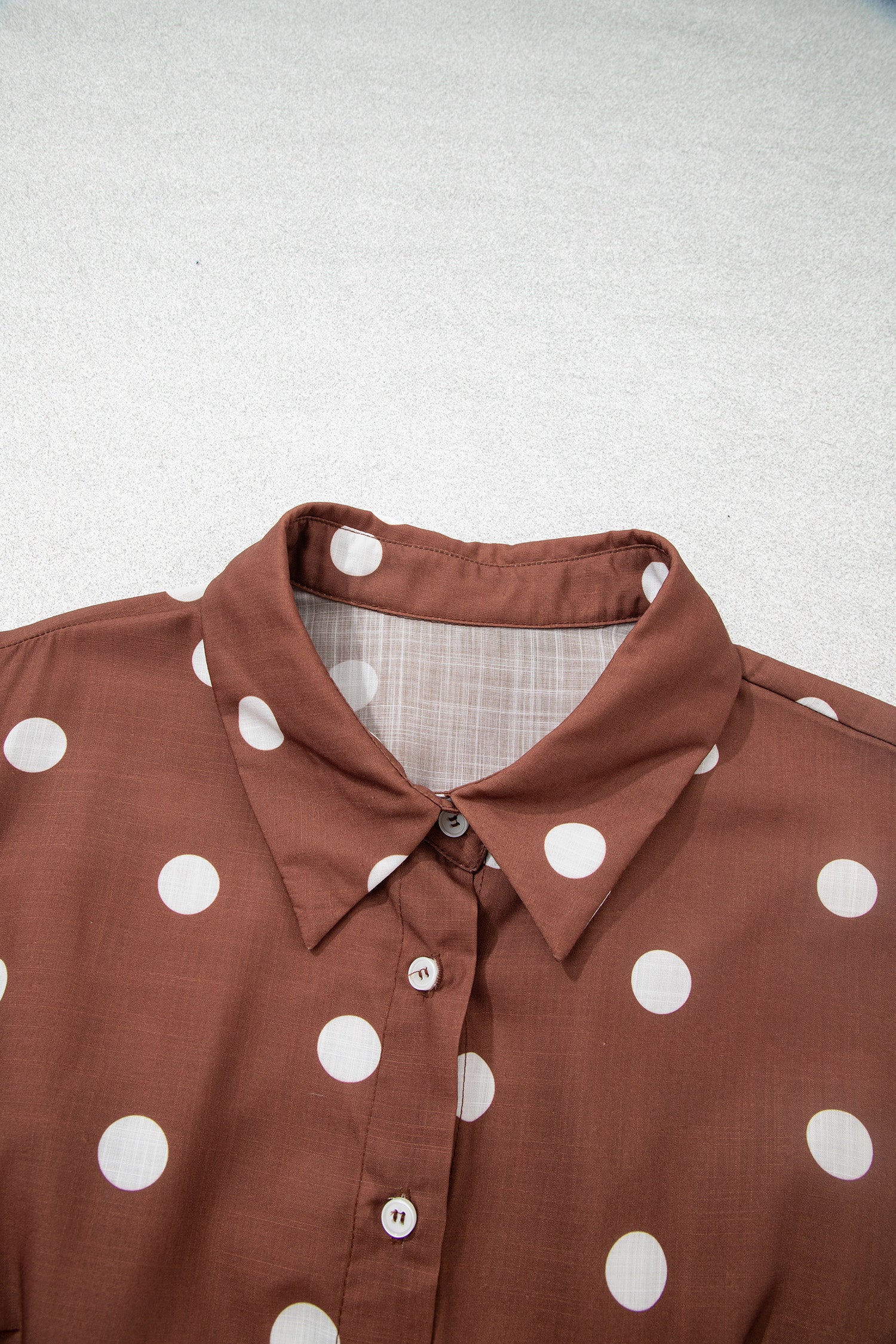 Brown Polka Dot V Neck Abdomen Pocket Gathered Cuffs Long Sleeve Shift Plus Size Dress-TOPS / DRESSES-[Adult]-[Female]-2022 Online Blue Zone Planet