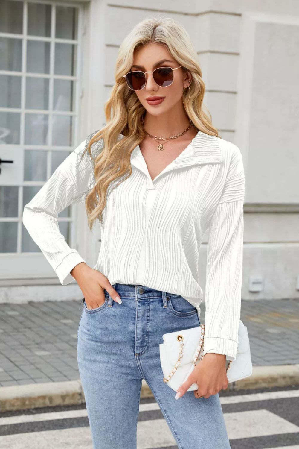 Texture Collared Neck Long Sleeve Blouse-TOPS / DRESSES-[Adult]-[Female]-White-S-2022 Online Blue Zone Planet