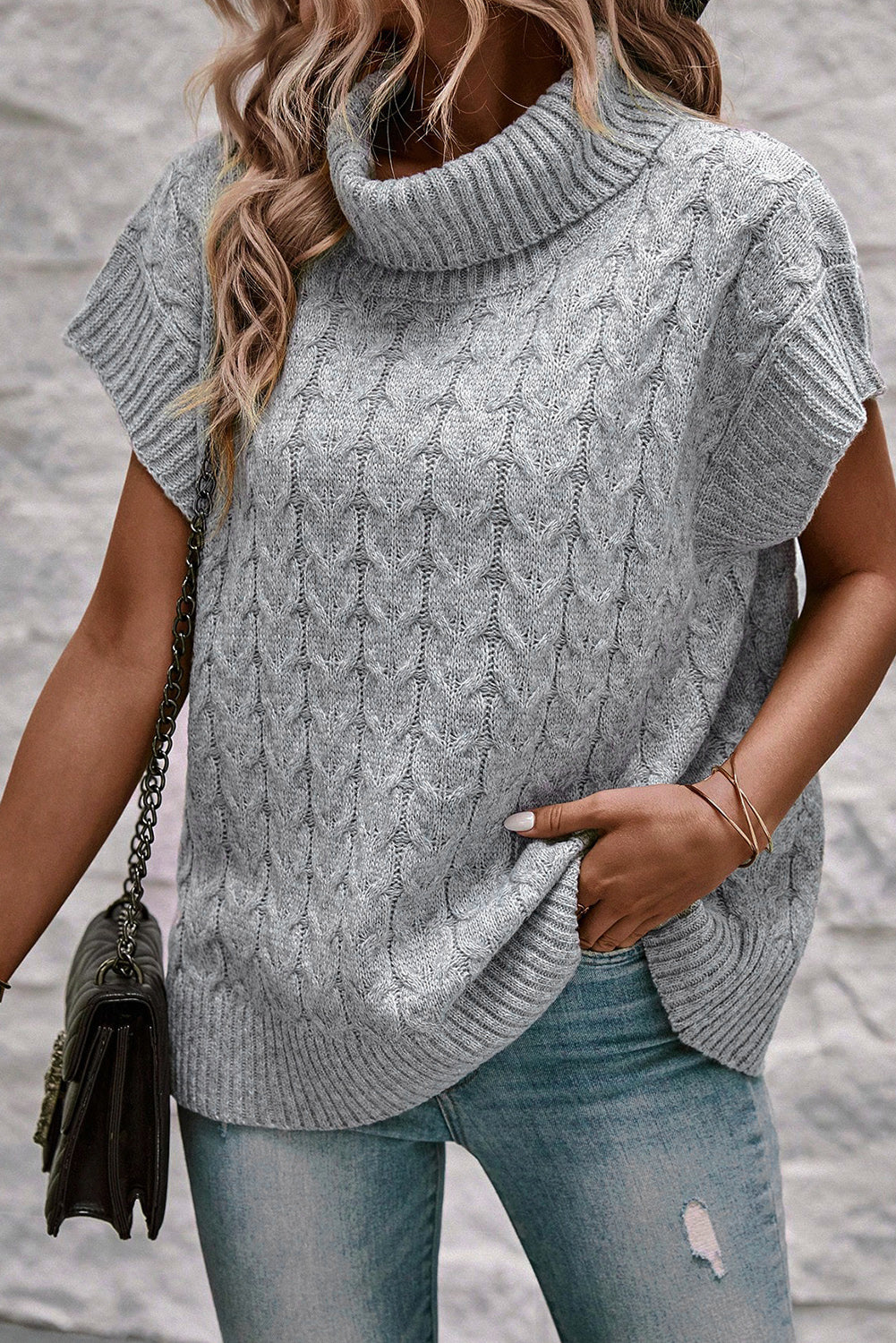 Medium Grey Cable Knit Turtleneck Batwing Sleeve Sweater-TOPS / DRESSES-[Adult]-[Female]-2022 Online Blue Zone Planet