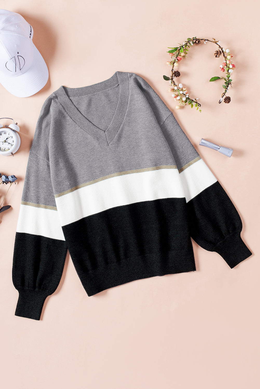 Color Block V Neck Long Sleeve Sweater-TOPS / DRESSES-[Adult]-[Female]-2022 Online Blue Zone Planet