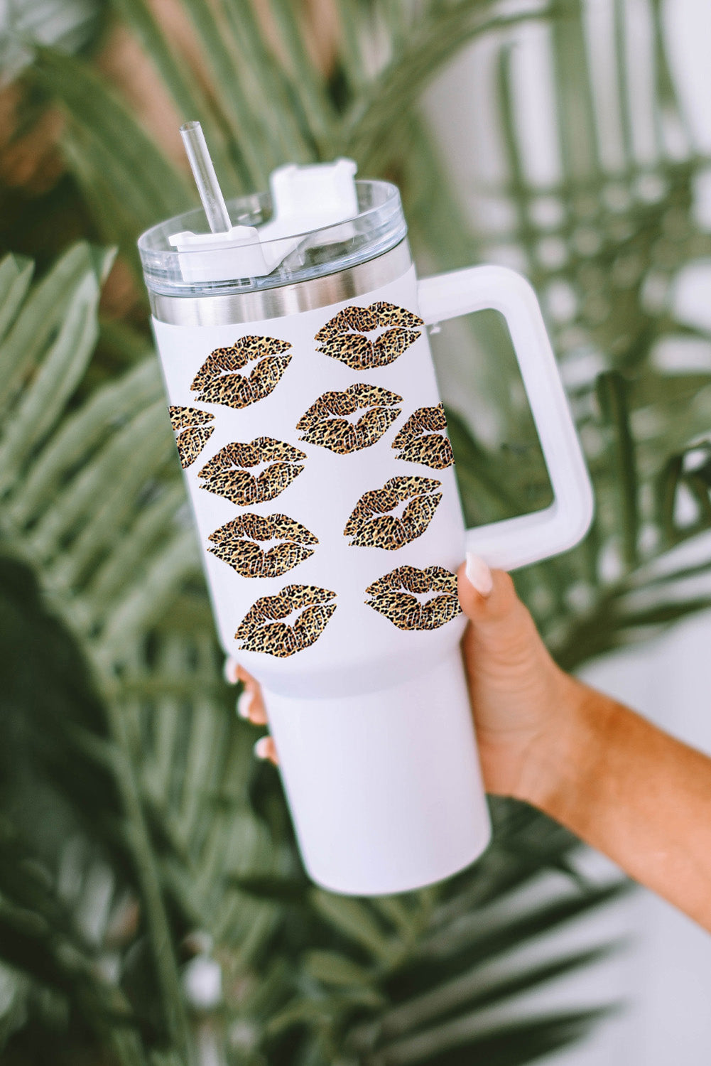 White Valentine Leopard Lips Print Thermos Cup With Straw 40oz-Accessories/Tumblers-[Adult]-[Female]-2022 Online Blue Zone Planet