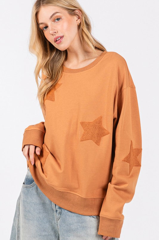 Blue Zone Planet | SAGE + FIG Star Patch Long Sleeve Sweatshirt-TOPS / DRESSES-[Adult]-[Female]-2022 Online Blue Zone Planet