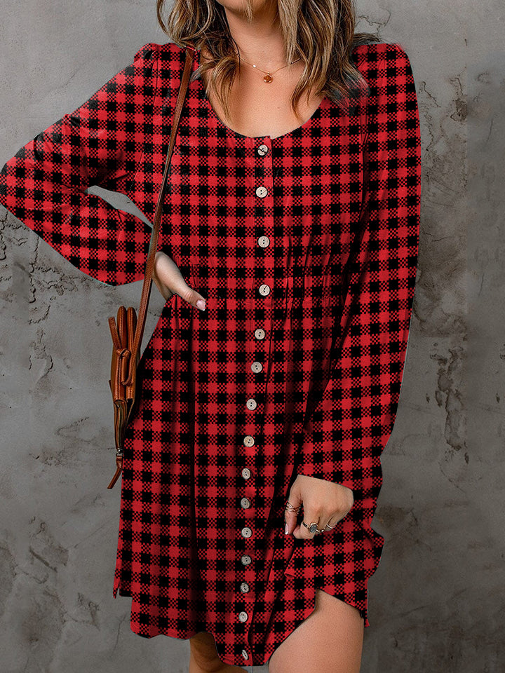 Double Take Full Size Plaid Round Neck Long Sleeve Magic Dress-TOPS / DRESSES-[Adult]-[Female]-2022 Online Blue Zone Planet