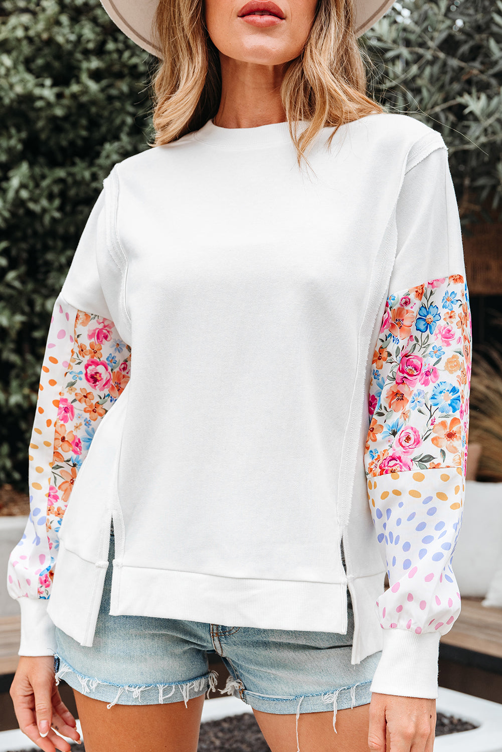 White Floral Dotted Mixed Print Patchwork Sleeve High Low Casual Sweatshirt-Tops/Sweatshirts & Hoodies-[Adult]-[Female]-2022 Online Blue Zone Planet