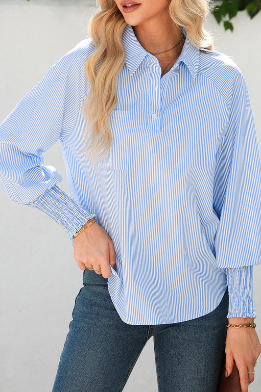 Sky Blue Stripe Pinstripe Long Sleeve Smocked Cuffs Button Shirt Collar Blouse-Tops/Blouses & Shirts-[Adult]-[Female]-Sky Blue Stripe-S-2022 Online Blue Zone Planet