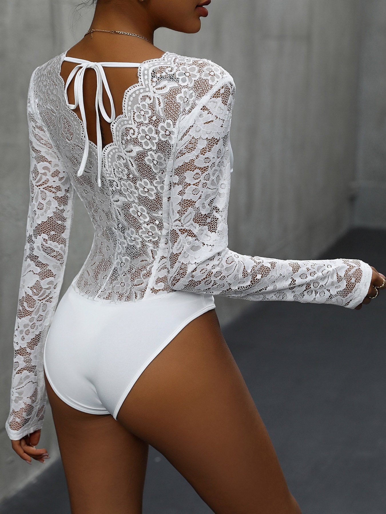 Perfee V-Neck Long Sleeve Lace Bodysuit-TOPS / DRESSES-[Adult]-[Female]-2022 Online Blue Zone Planet