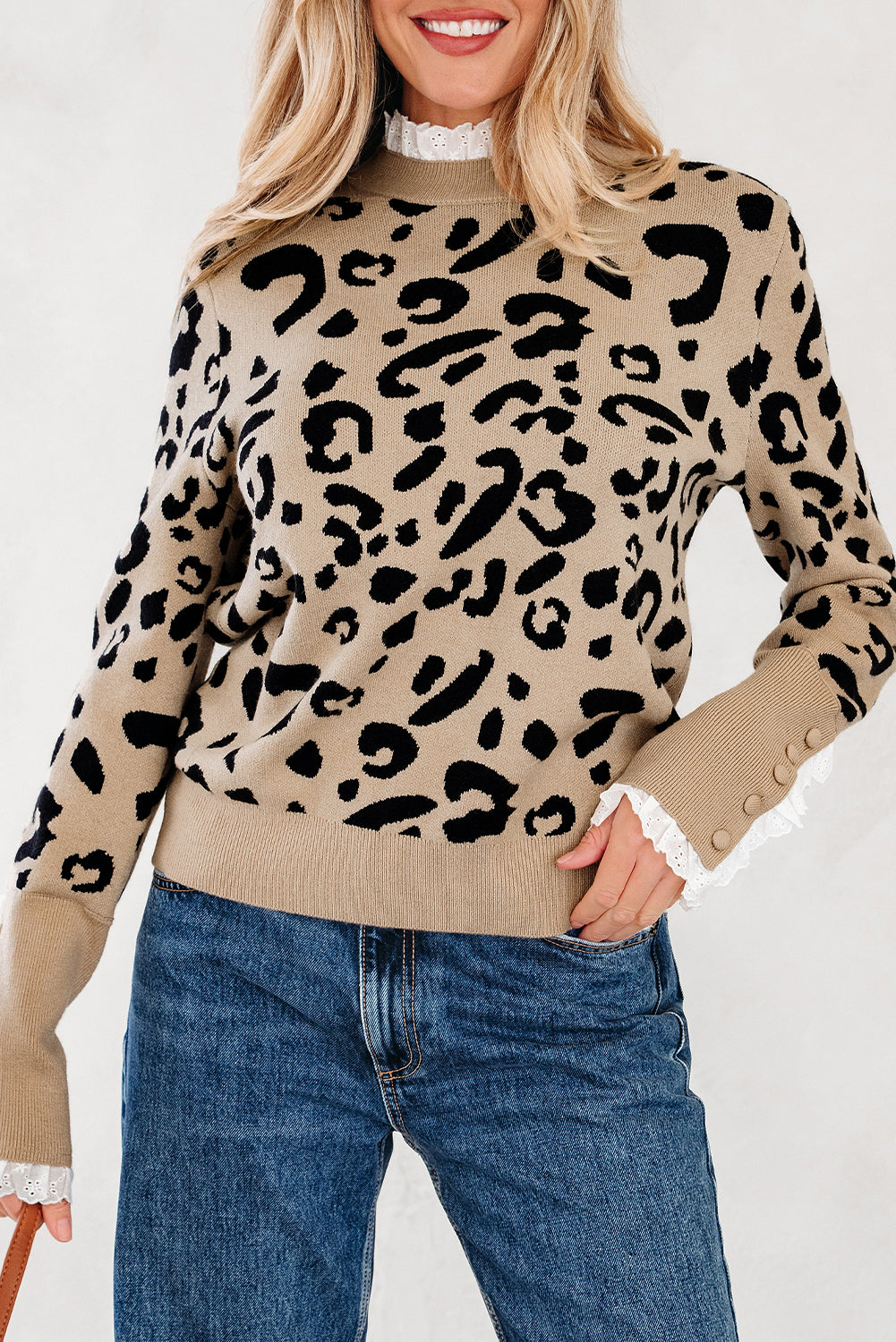 Brown Leopard Pattern Lace Ribbed Detail Button Cuffed Sweater-TOPS / DRESSES-[Adult]-[Female]-2022 Online Blue Zone Planet