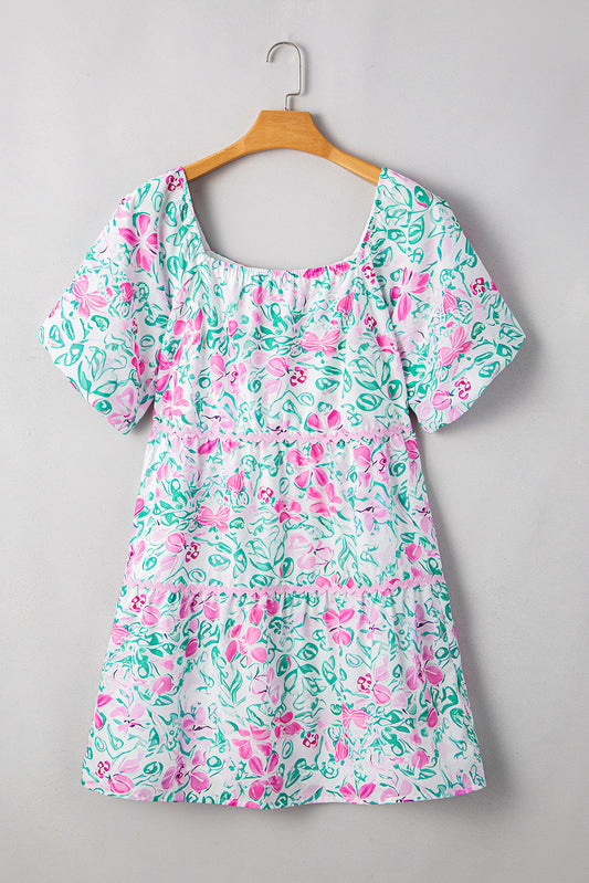 White Floral Print Ric-rac Trim Square Neck Plus Size Mini Dress-TOPS / DRESSES-[Adult]-[Female]-2022 Online Blue Zone Planet