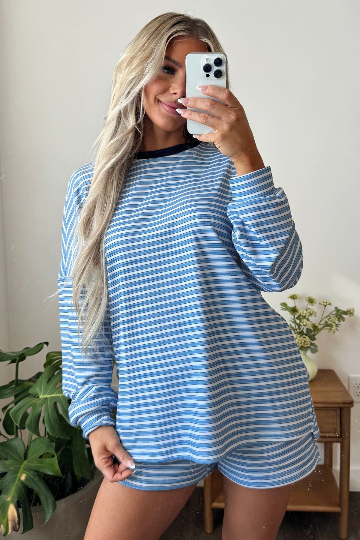 Sky Blue Stripe Long Sleeve Oversized Top Pocketed Casual Shorts Two Piece Set-Two Piece Sets/Short Sets-[Adult]-[Female]-2022 Online Blue Zone Planet