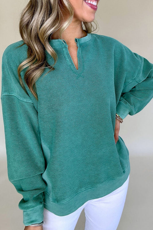Notched Drop Shoulder Long Sleeve Sweatshirt-TOPS / DRESSES-[Adult]-[Female]-Deep Teal-S-2022 Online Blue Zone Planet