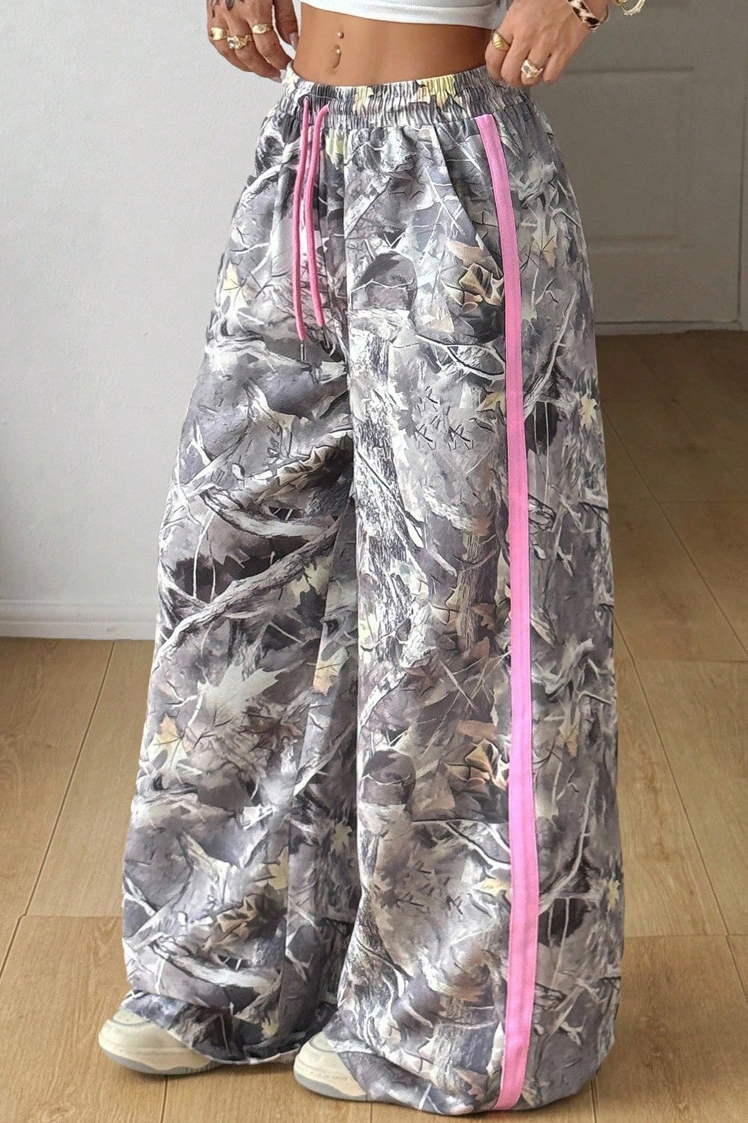 Gray Camo Woodland Print Color Block Detail Drawstring Wide Leg Sweatpants-Bottoms/Pants & Culotte-[Adult]-[Female]-2022 Online Blue Zone Planet