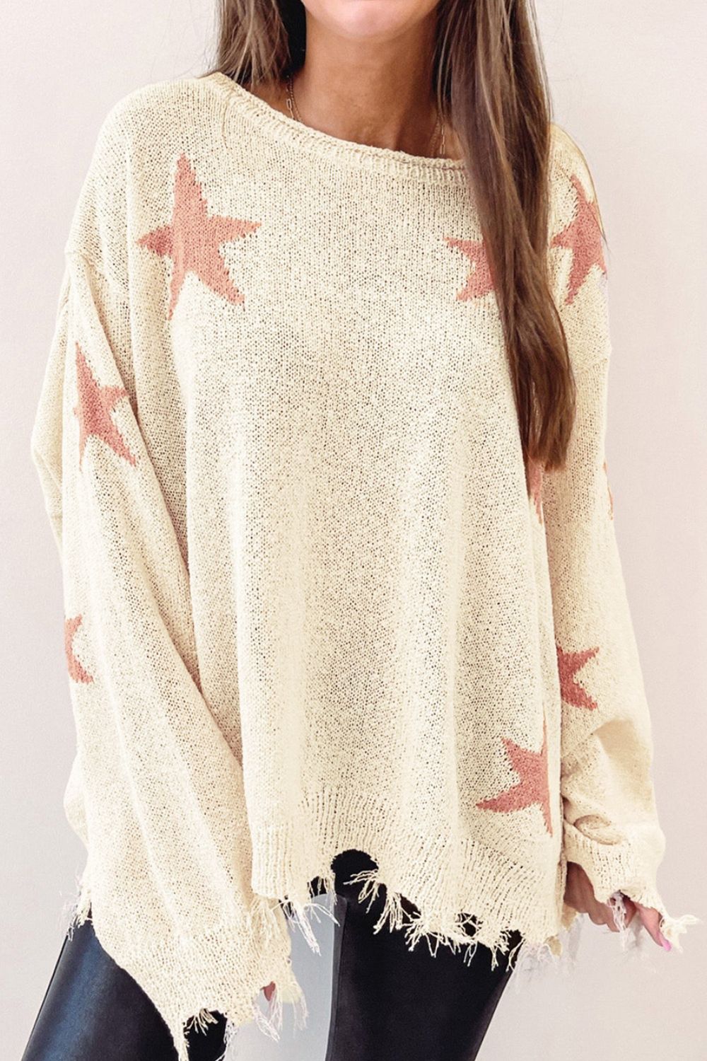 Blue Zone Planet | Contrast Star Raw Hem Long Sleeve Knit Top-TOPS / DRESSES-[Adult]-[Female]-Cream-S-2022 Online Blue Zone Planet