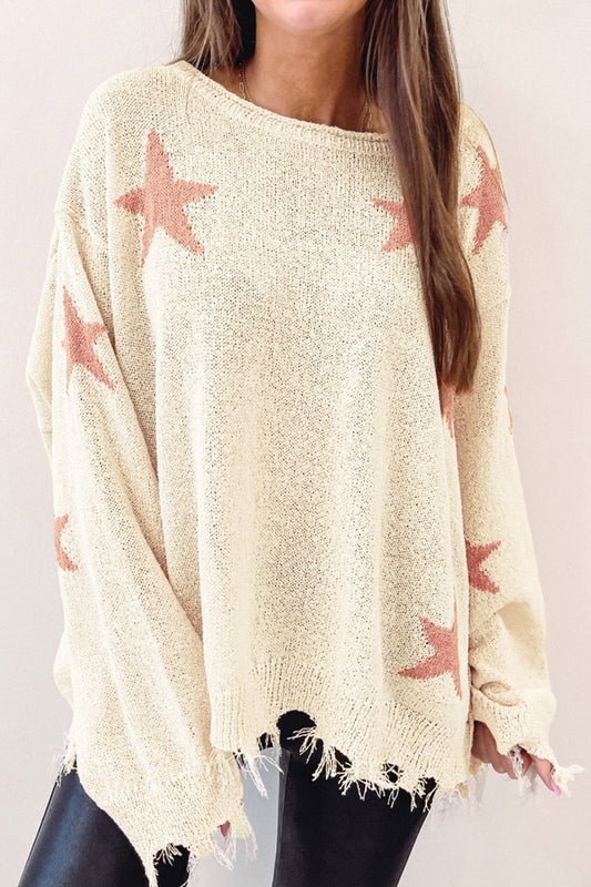 Blue Zone Planet | Contrast Star Raw Hem Long Sleeve Knit Top-TOPS / DRESSES-[Adult]-[Female]-Cream-S-2022 Online Blue Zone Planet