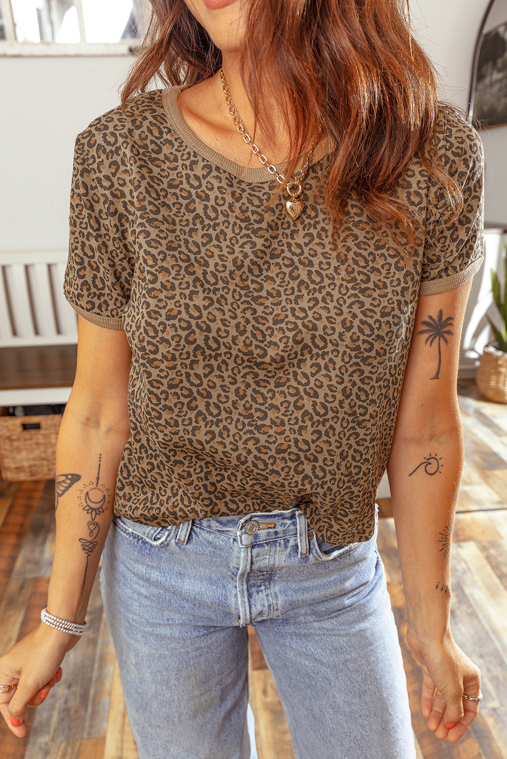 Khaki Fierce Leopard Crew Neck T Shirt-Tops/Tops & Tees-[Adult]-[Female]-2022 Online Blue Zone Planet