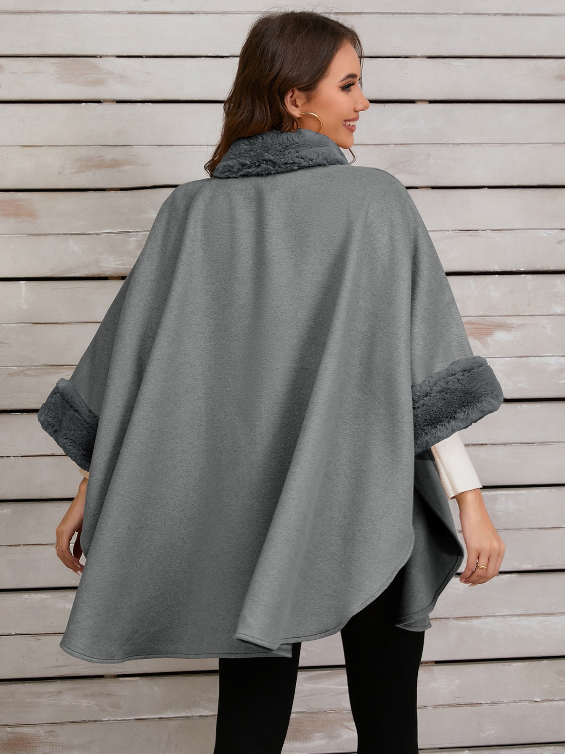 Fuzzy Trim Long Sleeve Poncho-TOPS / DRESSES-[Adult]-[Female]-2022 Online Blue Zone Planet