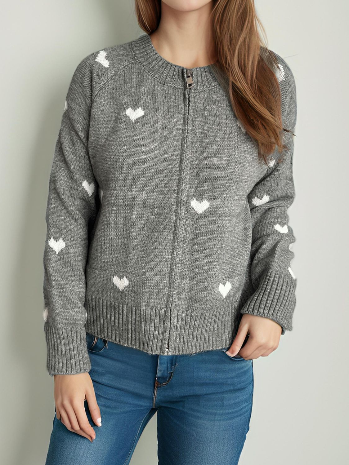 Heart Round Neck Zip Up Cardigan-NEW ARRIVALS-[Adult]-[Female]-2022 Online Blue Zone Planet