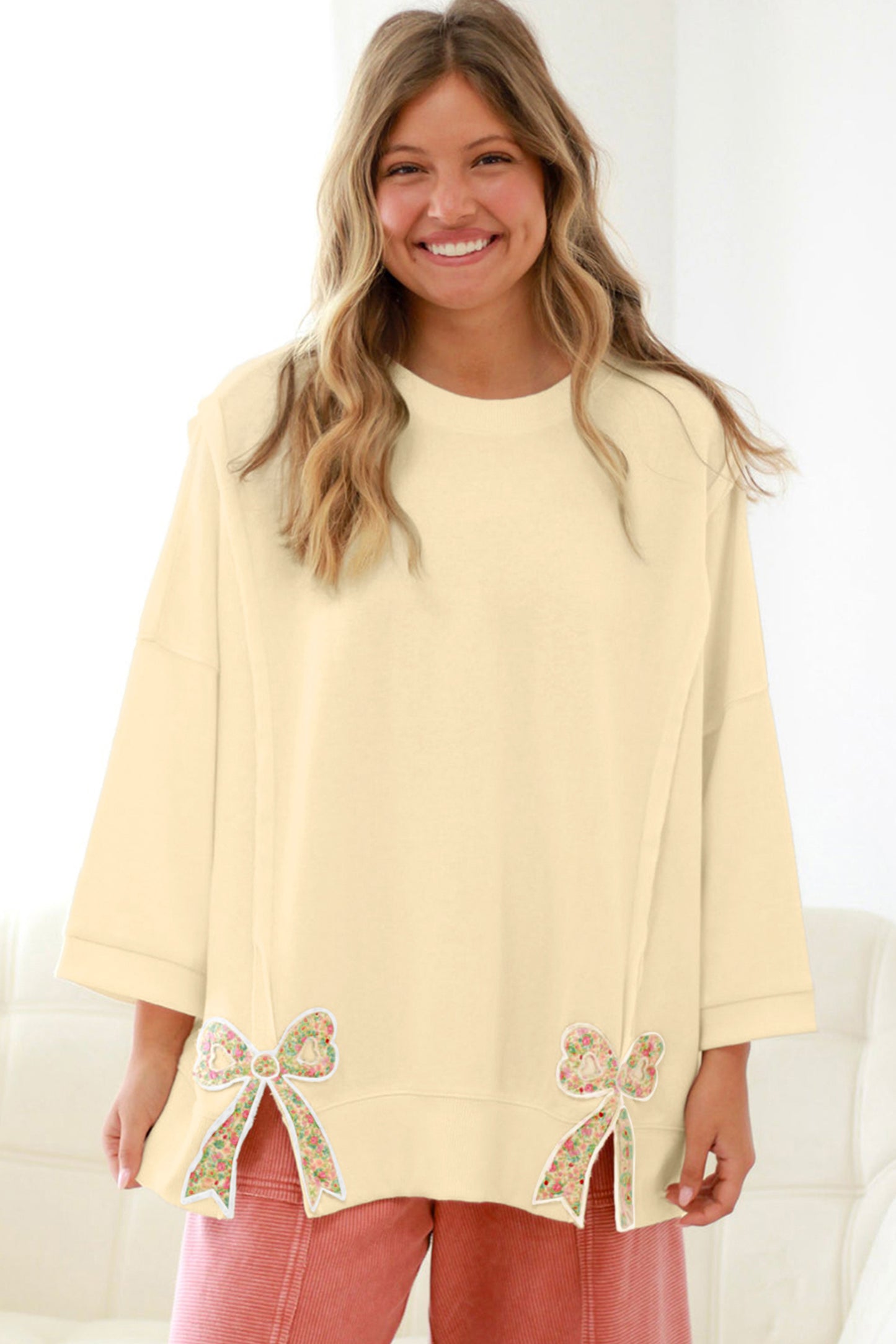 Beige Plus Size Raw Seam Detail Floral Bow Patched Baggy Pullover-Plus Size/Plus Size Tops/Plus Size Long Sleeve Tops-[Adult]-[Female]-2022 Online Blue Zone Planet