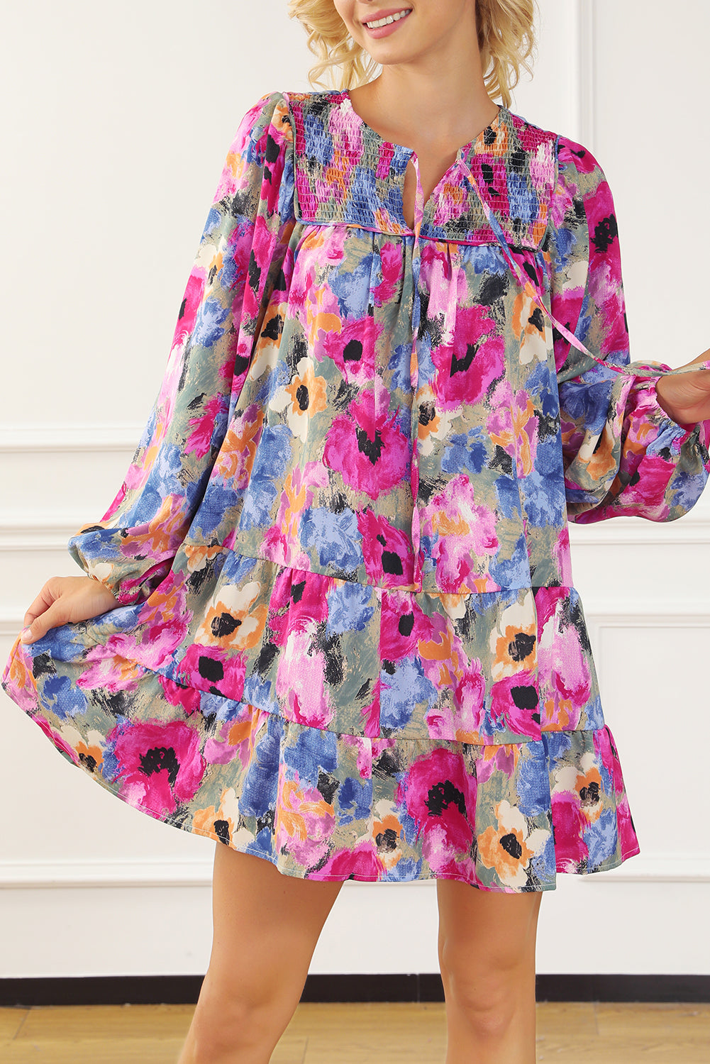 Blue Zone Planet | Multicolour Floral Tie Neck Bubble Sleeve Shift Dress-TOPS / DRESSES-[Adult]-[Female]-Multicolour-S-2022 Online Blue Zone Planet