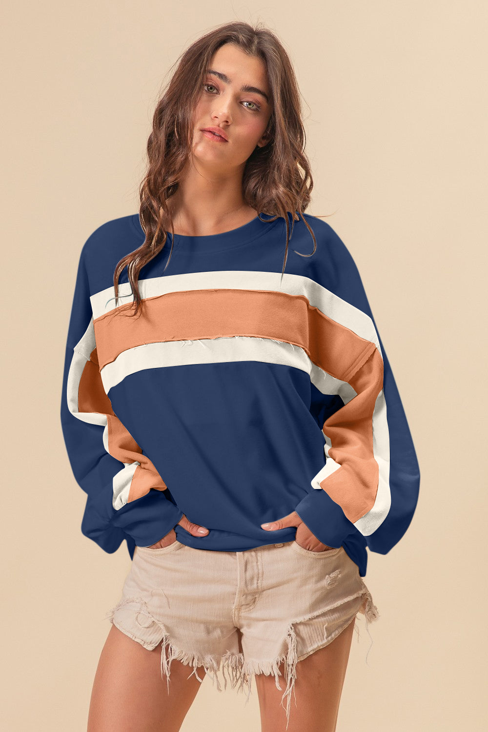 BiBi French Terry Color Block Cut Edge Detail Sweatshirt-TOPS / DRESSES-[Adult]-[Female]-2022 Online Blue Zone Planet