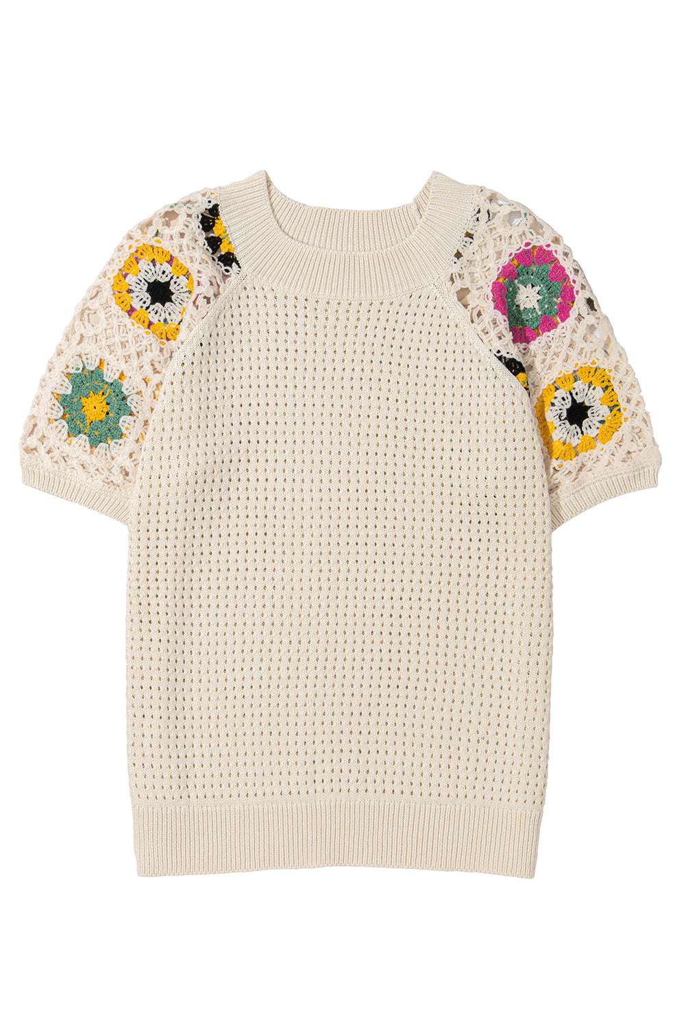 Blue Zone Planet | Apricot Hollow Out Floral Crochet Short Sleeve Crewneck Sweater-Short Sleeve Sweater-[Adult]-[Female]-2022 Online Blue Zone Planet