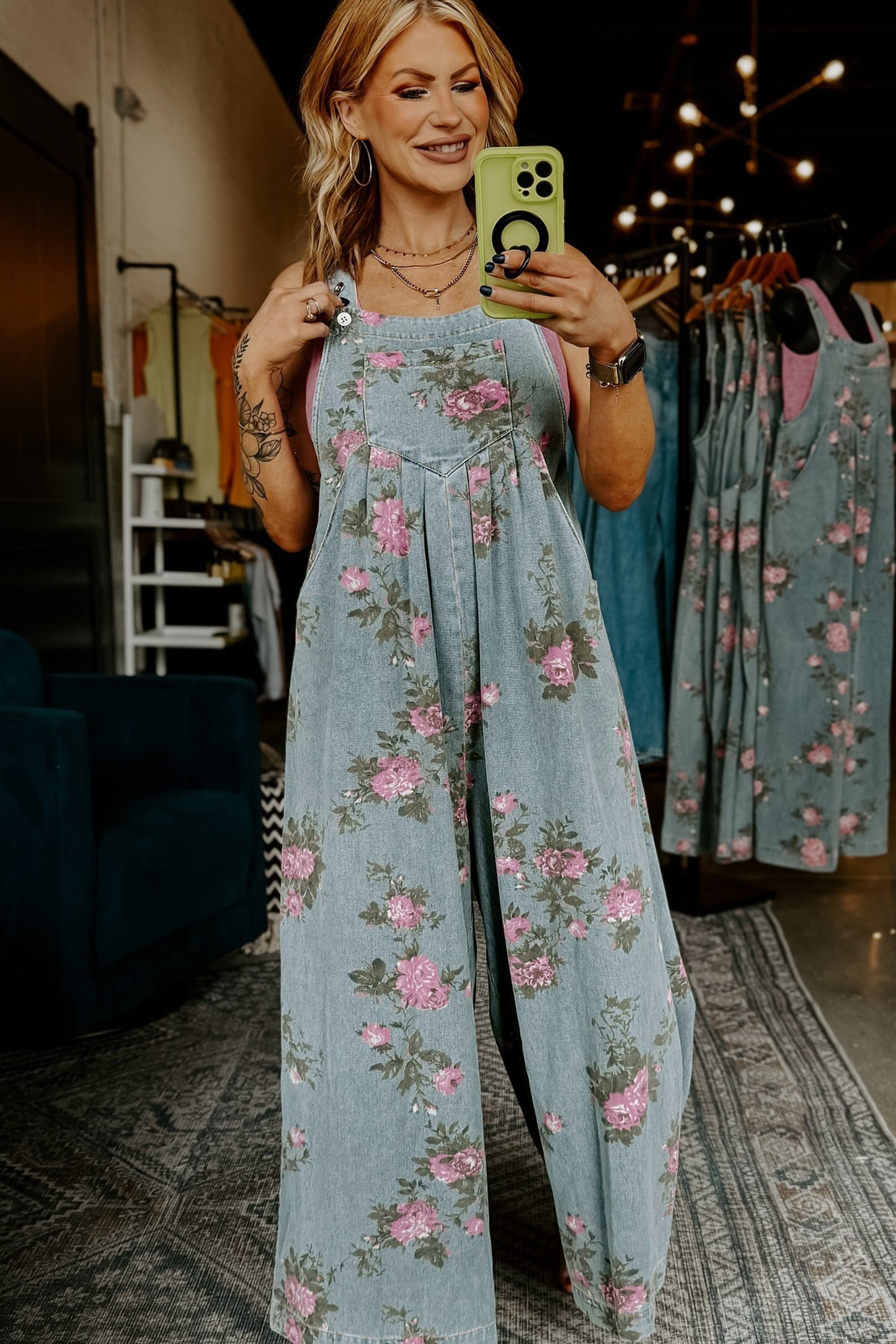 Beau Blue Floral Print Pleated High Waist Wide Leg Denim Jumpsuit-Jumpsuits & Rompers-[Adult]-[Female]-2022 Online Blue Zone Planet