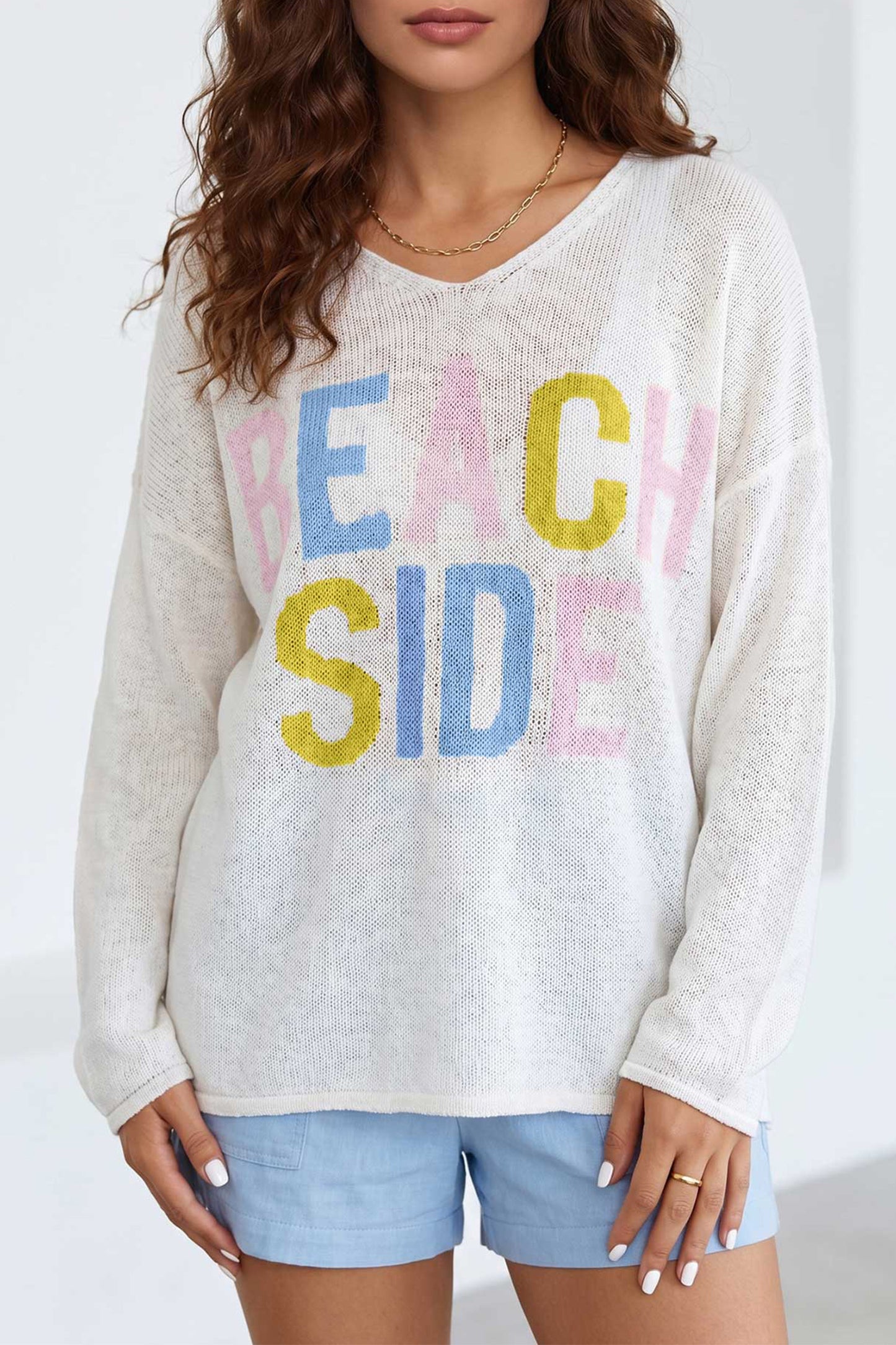 White V Neck Lightweight Knit BEACH SIDE Shift Tunic Sweater-Sweaters & Cardigans/Sweaters-[Adult]-[Female]-White-S-2022 Online Blue Zone Planet