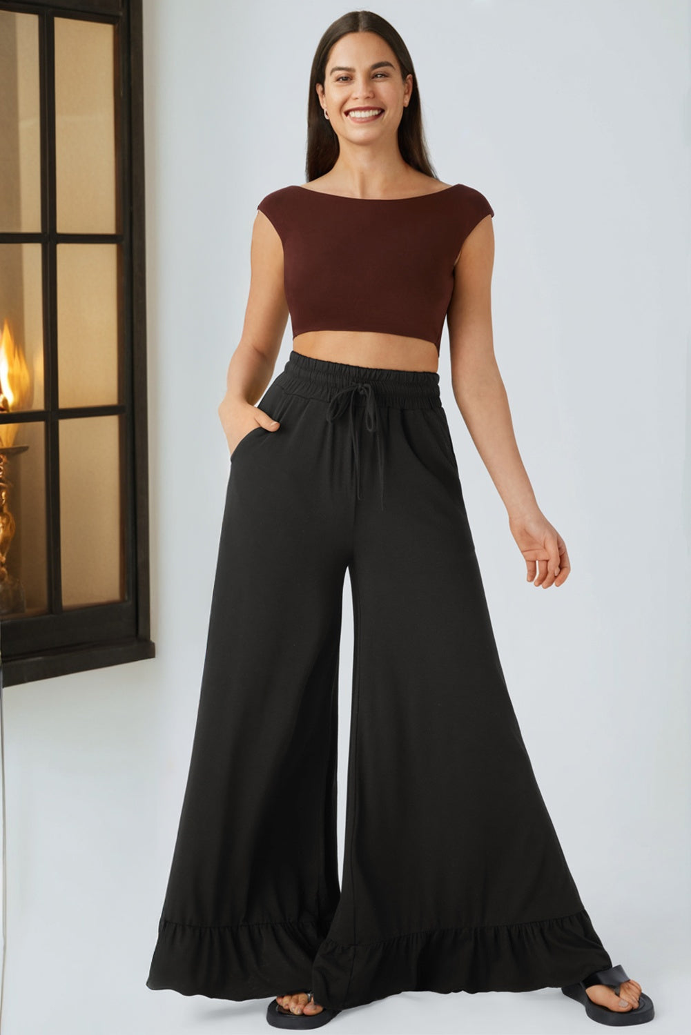 Black Ruffled Wide Leg Pull On High Waist Pants With Pockets-Bottoms/Pants & Culotte-[Adult]-[Female]-2022 Online Blue Zone Planet