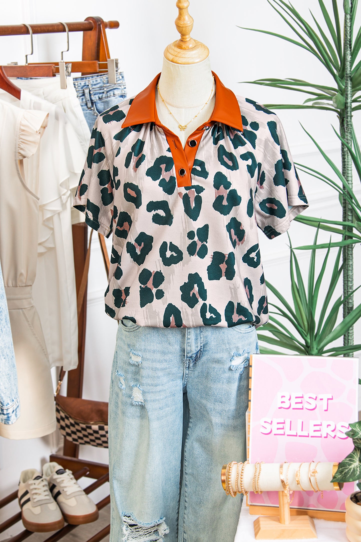 Casual Unique Leopard Print Button Contrast Collared Short Sleeve Blouse-Tops/Blouses & Shirts-[Adult]-[Female]-2022 Online Blue Zone Planet