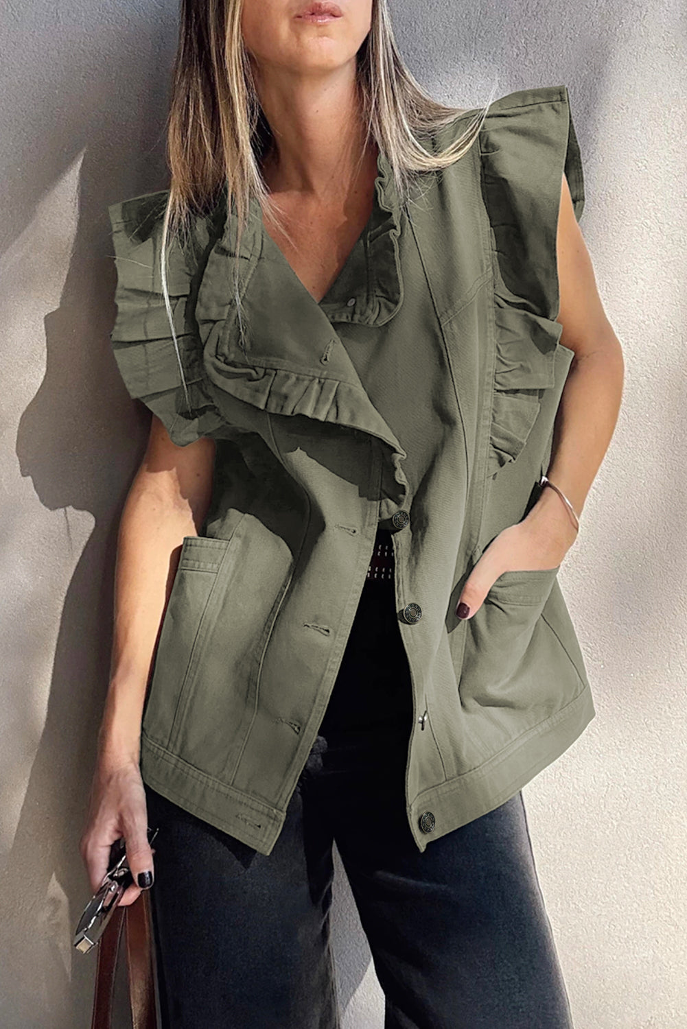 Green Bay Ruffled Patchwork Denim Jacket Vest-Outerwear/Vests-[Adult]-[Female]-2022 Online Blue Zone Planet