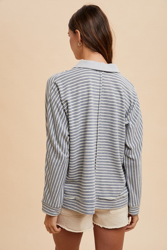 Annie Wear Striped Button Detail Long Sleeve Polo Top-TOPS / DRESSES-[Adult]-[Female]-2022 Online Blue Zone Planet