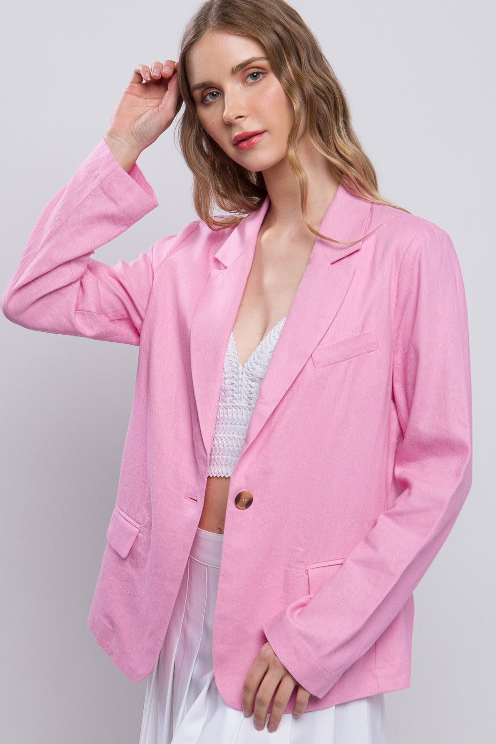 Love Tree One-Button Long Sleeve Linen Blazer-TOPS / DRESSES-[Adult]-[Female]-Pink-S-2022 Online Blue Zone Planet