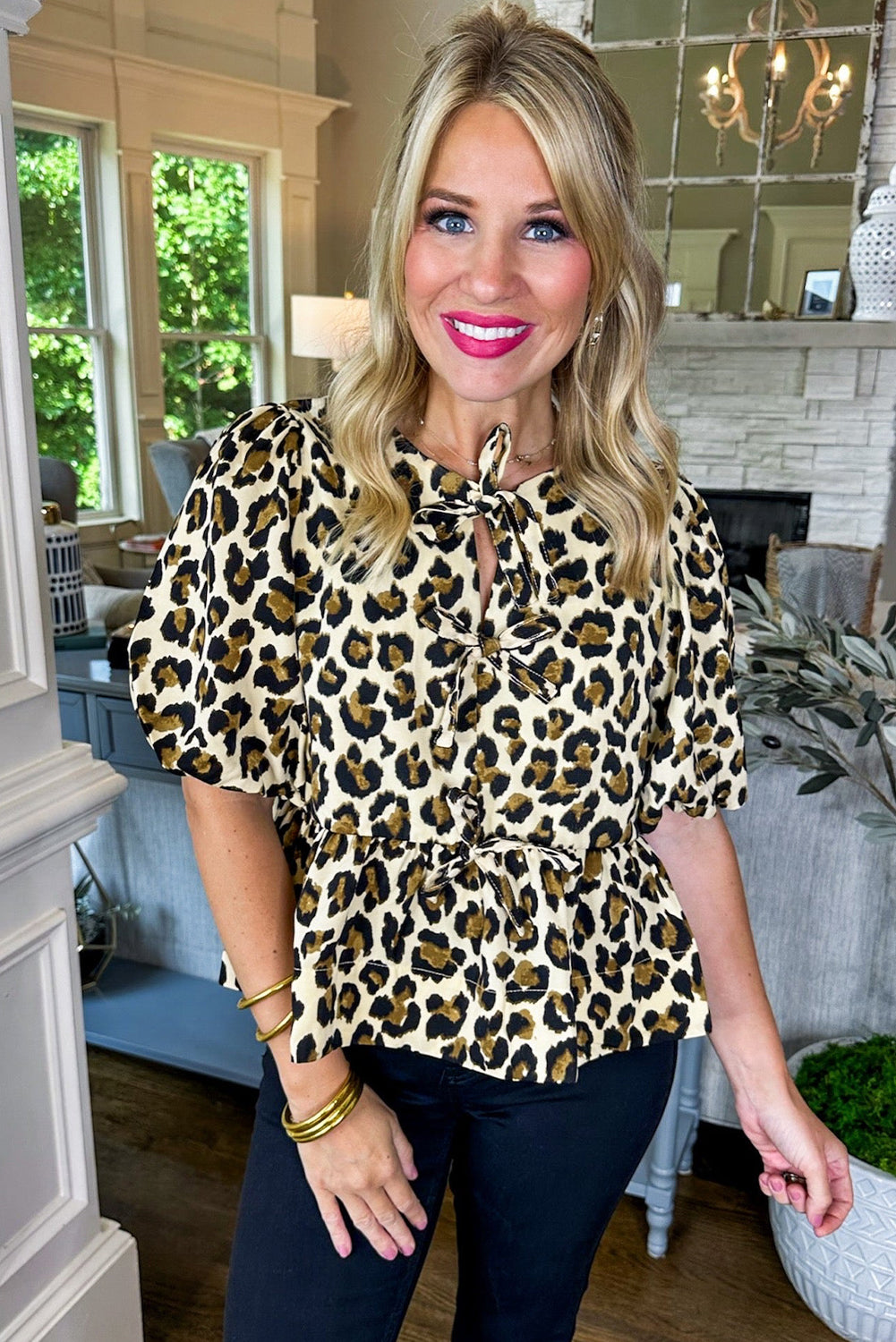 Apricot Leopard Bubble Sleeve Bow Tie Front Peplum Blouse-Tops/Blouses & Shirts-[Adult]-[Female]-2022 Online Blue Zone Planet