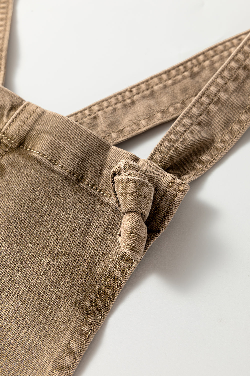 Light French Beige Solid Color Knot Straps Denim Romper with Pockets-Bottoms/Jumpsuits & Rompers-[Adult]-[Female]-2022 Online Blue Zone Planet