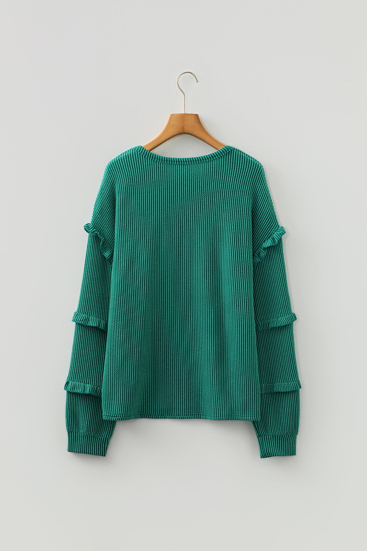 Evergreen Twisted Ribbed Tiered Ruffles Long Sleeve Pullover Top-Tops/Long Sleeve Tops-[Adult]-[Female]-2022 Online Blue Zone Planet