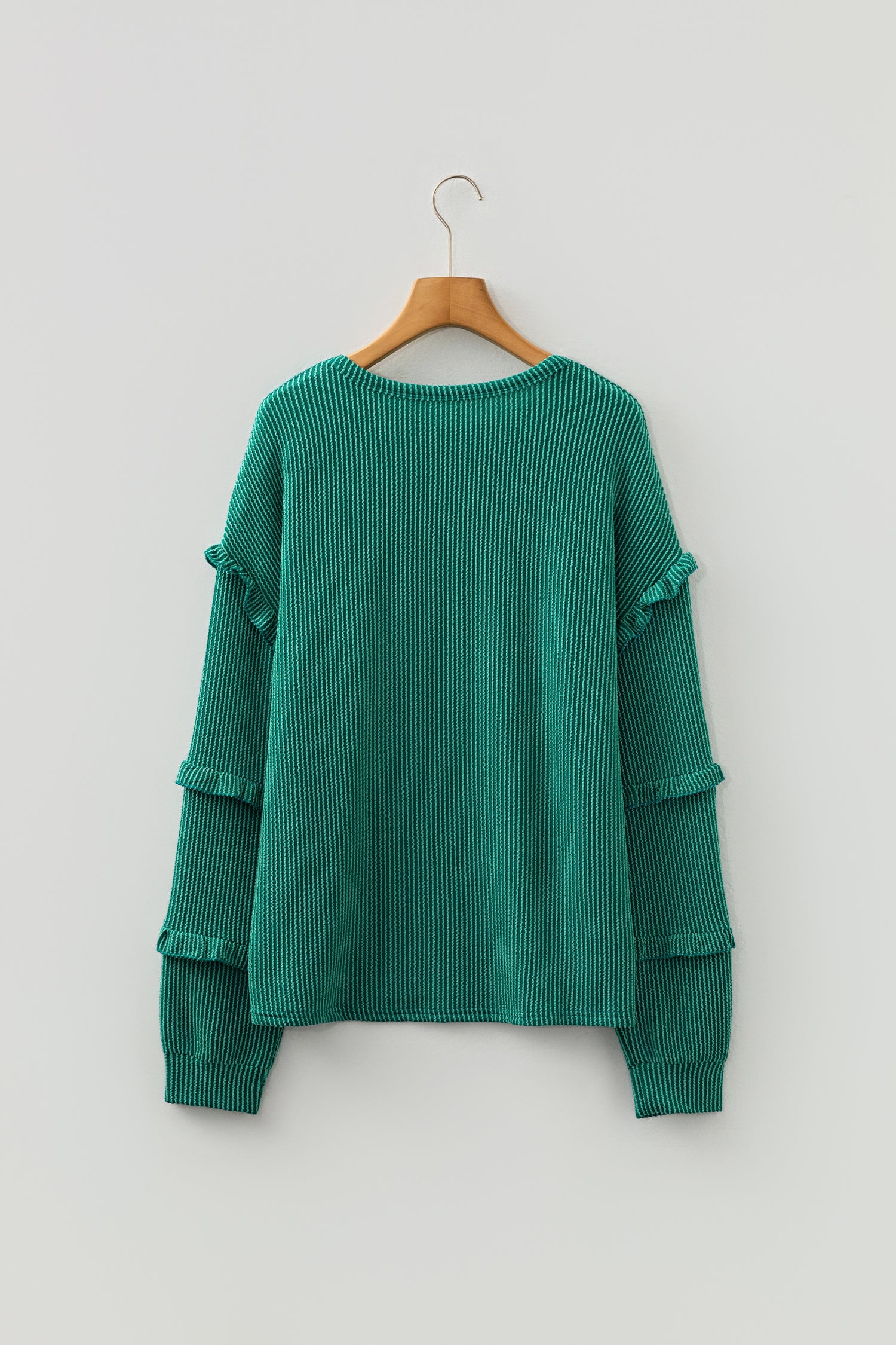 Evergreen Twisted Ribbed Tiered Ruffles Long Sleeve Pullover Top-Tops/Long Sleeve Tops-[Adult]-[Female]-2022 Online Blue Zone Planet