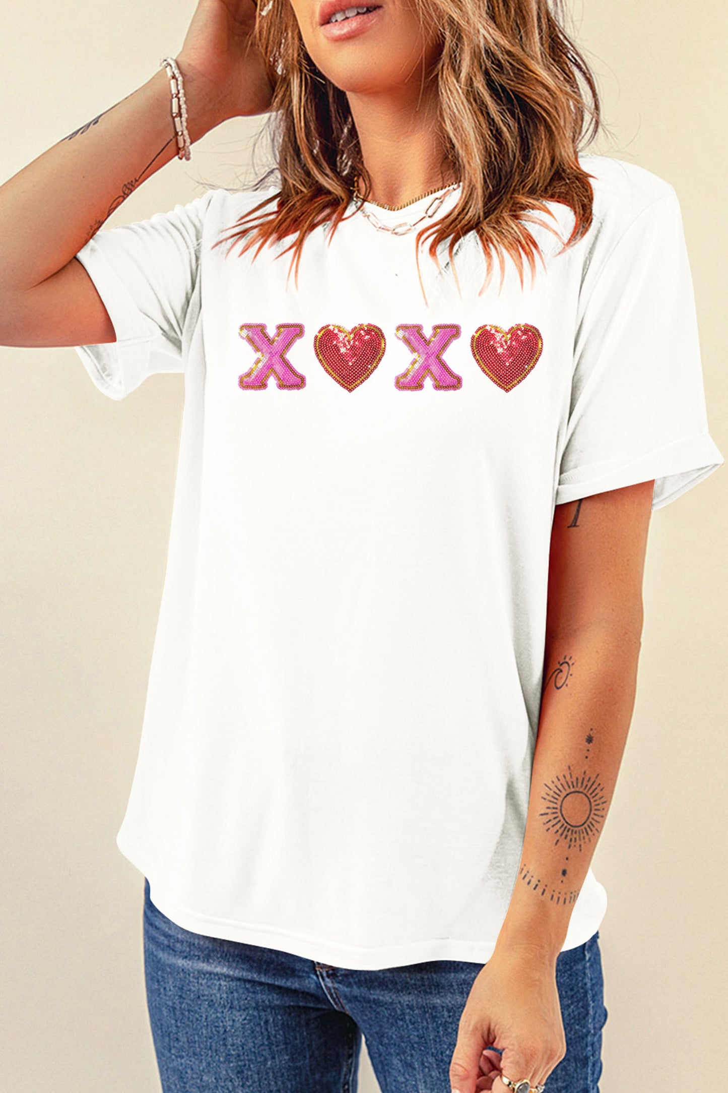 White Xoxo Sequin Heart Patched Valentines Day Cuffed T Shirt-Graphic Tees-[Adult]-[Female]-2022 Online Blue Zone Planet