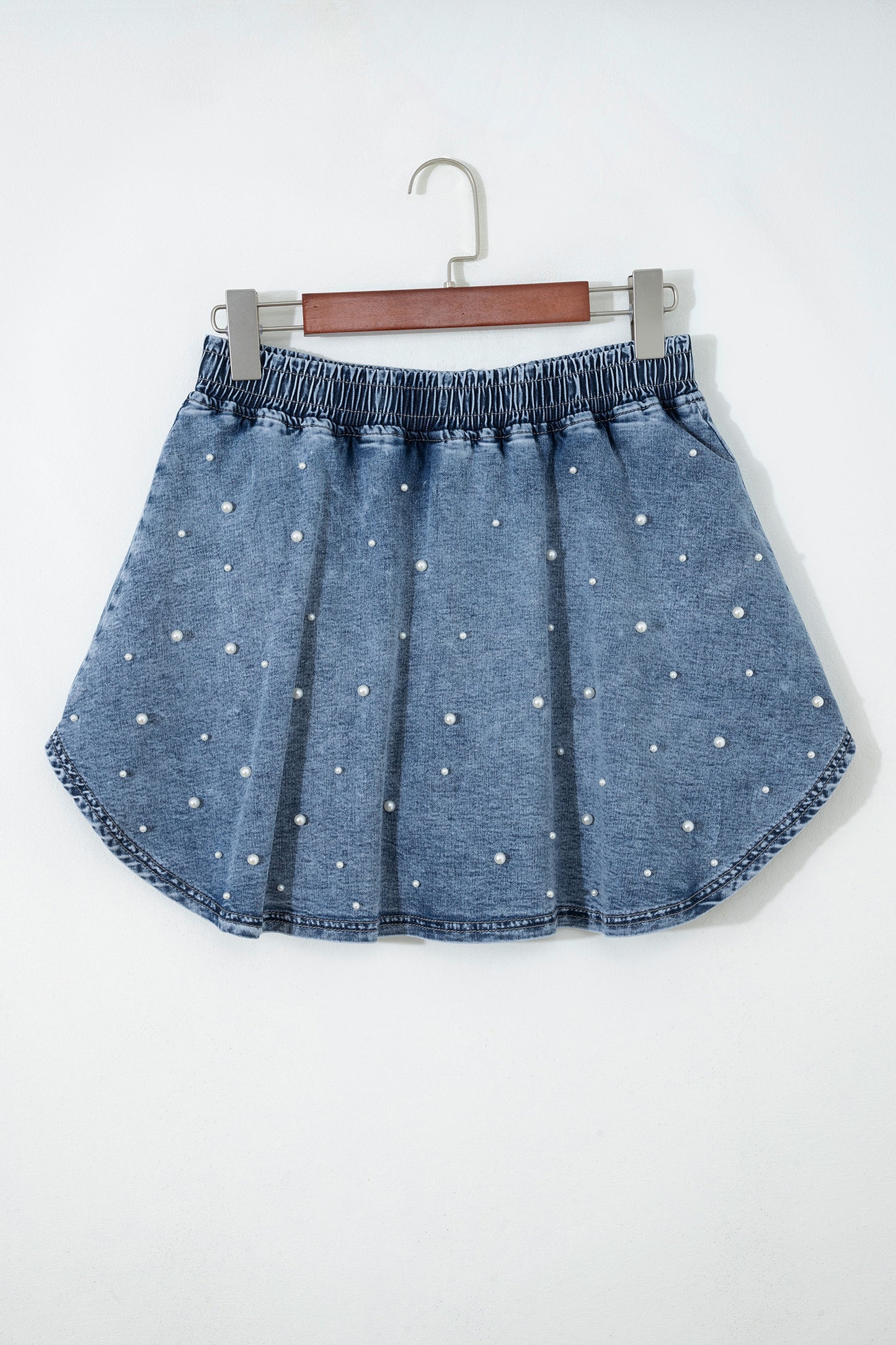 Ashleigh Blue Denim Pearl Embellished Elastic Waist Mini Skort-Bottoms/Denim Shorts-[Adult]-[Female]-2022 Online Blue Zone Planet