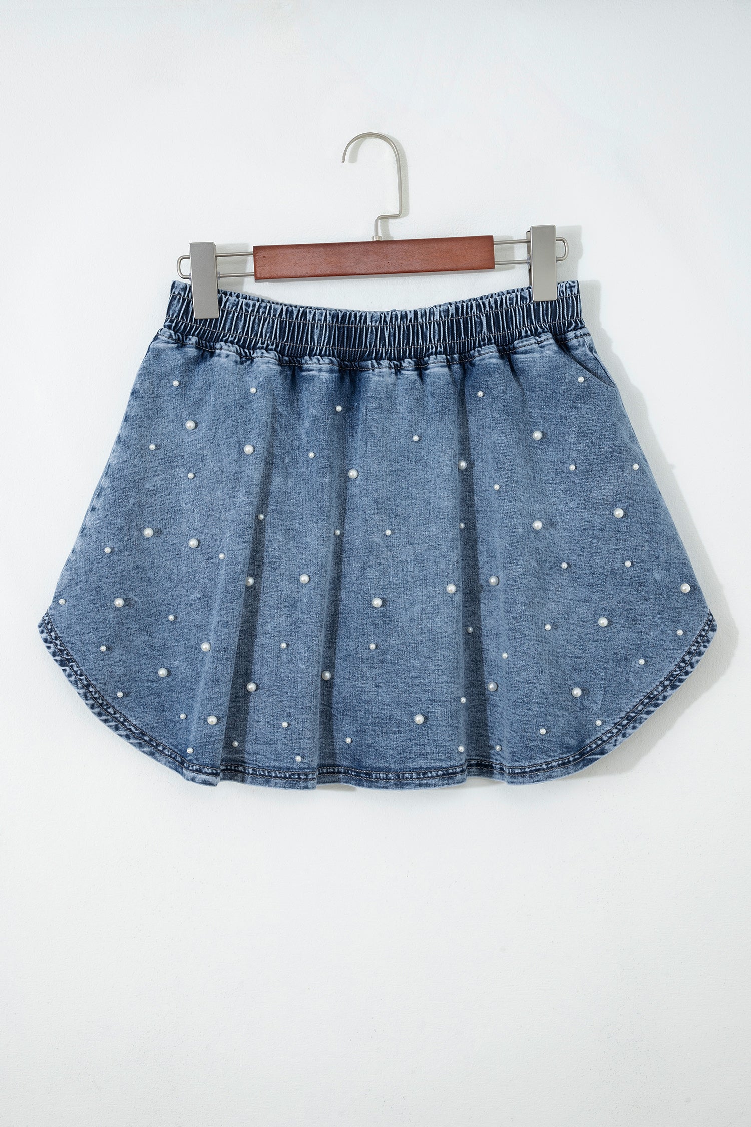 Ashleigh Blue Denim Pearl Embellished Elastic Waist Mini Skort-Bottoms/Denim Shorts-[Adult]-[Female]-2022 Online Blue Zone Planet