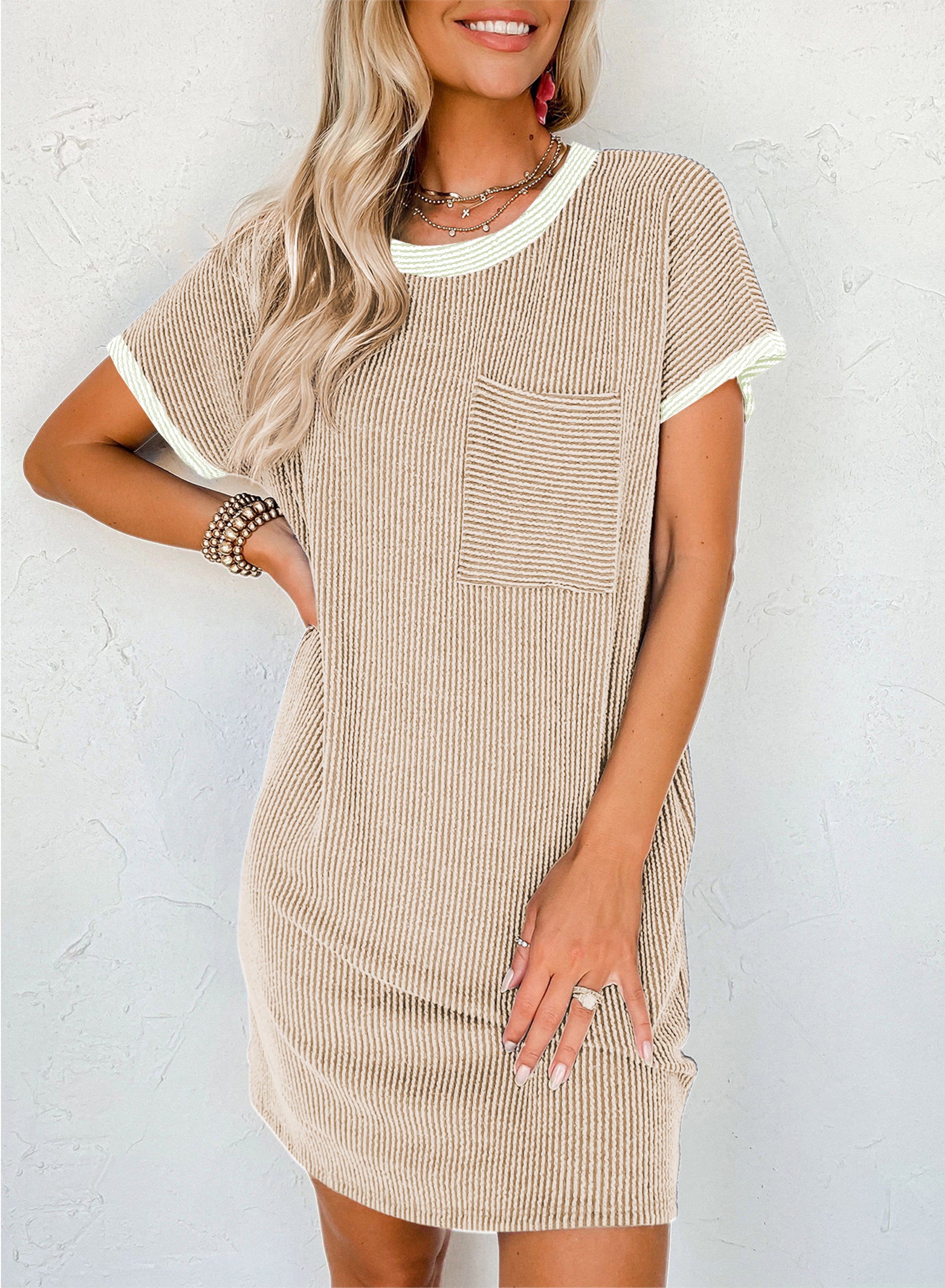 Apricot Twisted Ribbed Color Block Trim T Shirt Shift Dress Apricot / S / 70%Polyester+27%Viscose+3%Elastane by Blue Zone Planet