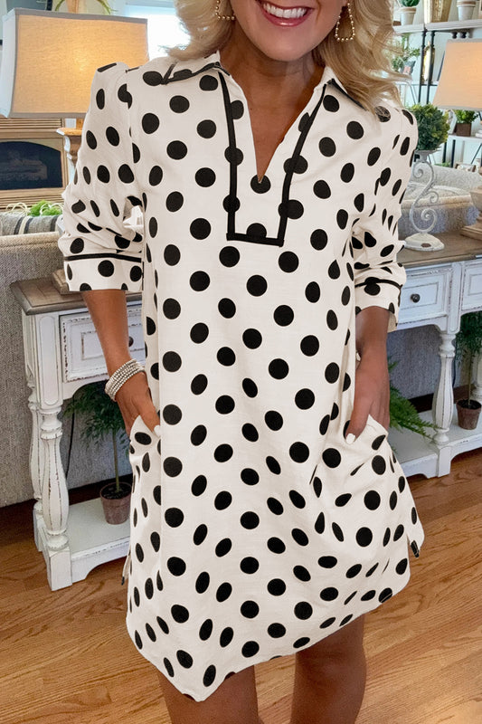 White Polka Dot Half Sleeve Collar V Neck Pocketed Casual Mini Dress-TOPS / DRESSES-[Adult]-[Female]-2022 Online Blue Zone Planet