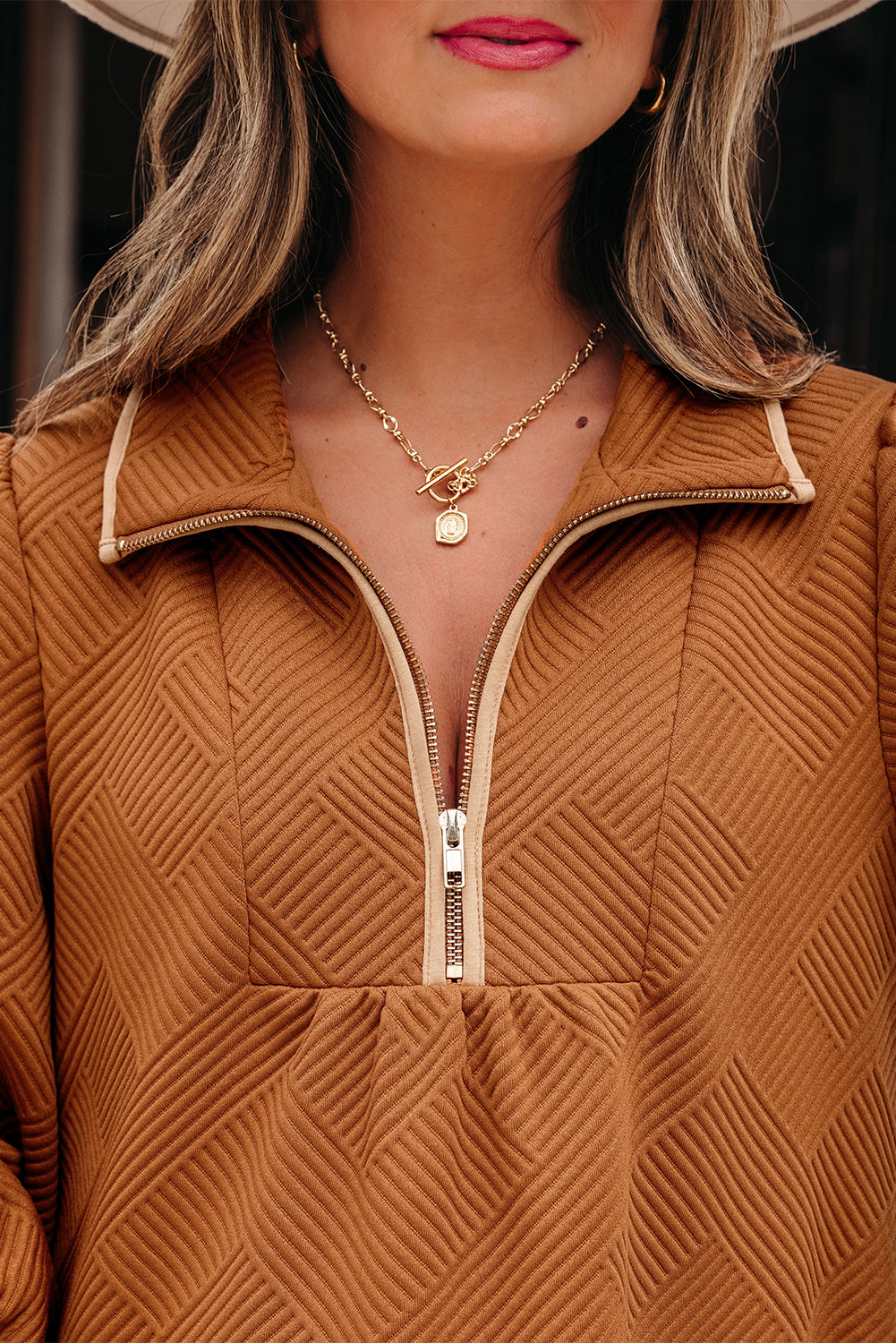 Desert Gold Quarter Zip Collar Bracelet Sleeve Textured Mini Dress-TOPS / DRESSES-[Adult]-[Female]-2022 Online Blue Zone Planet