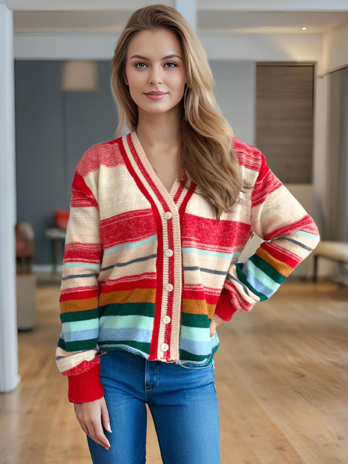 Striped Button Down V-Neck Long Sleeve Cardigan-TOPS / DRESSES-[Adult]-[Female]-Multicolor-One Size-2022 Online Blue Zone Planet