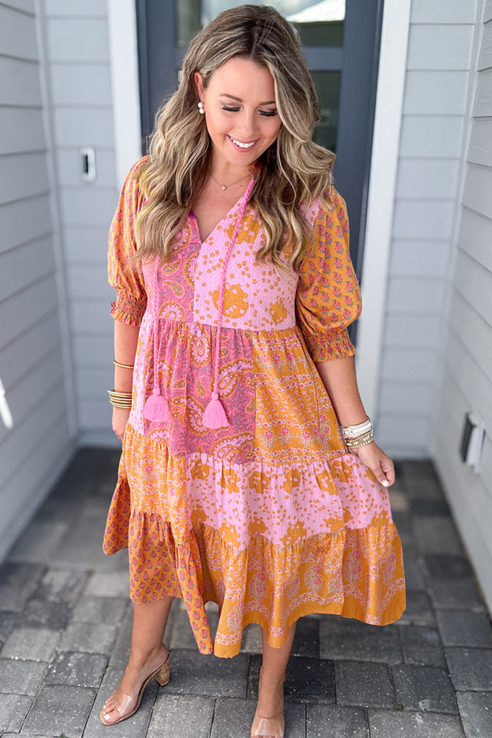 Pink Boho Paisley Floral Mixed Patchwork Tassel Tie Plus Size Midi Dress-Plus Size/Plus Size Dresses/Plus Size Maxi Dresses-[Adult]-[Female]-2022 Online Blue Zone Planet