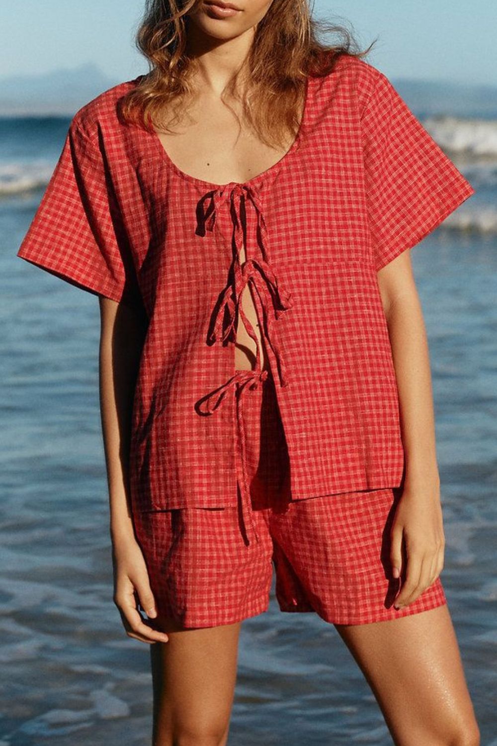 Plaid Tied Scoop Neck Short Sleeve Top and Drawstring Shorts Set-TOPS / DRESSES-[Adult]-[Female]-2022 Online Blue Zone Planet