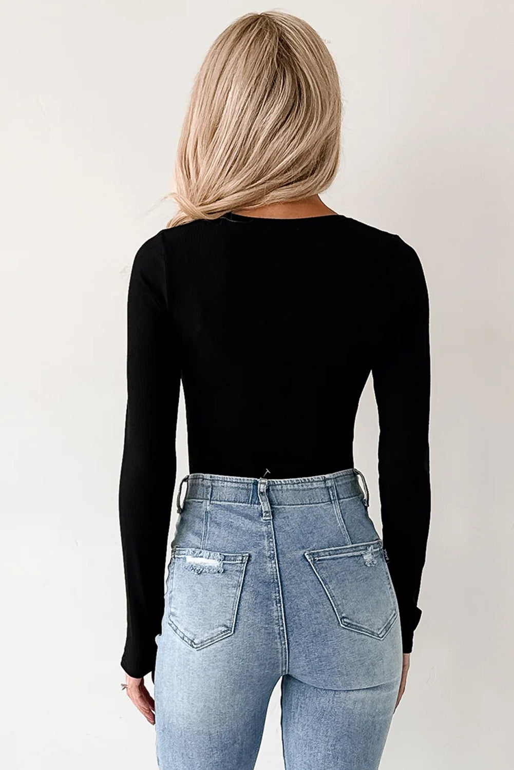 Black Ribbed Long Sleeve Crew Neck Solid Color Bodysuit-Tops/Bodysuits-[Adult]-[Female]-2022 Online Blue Zone Planet